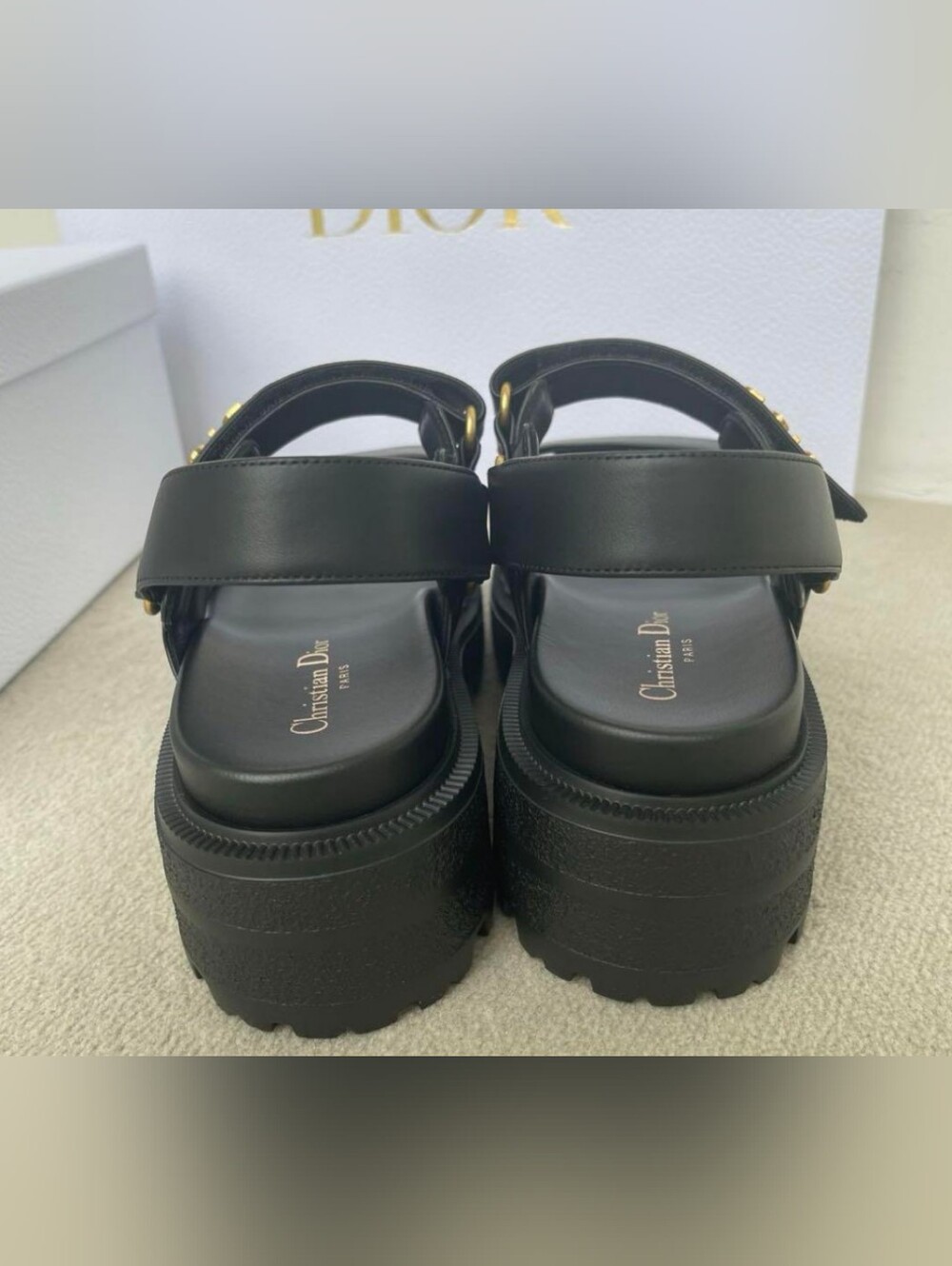 Dior Black Leather Platform Sandals with Gold Logo - Picture 4 of 8